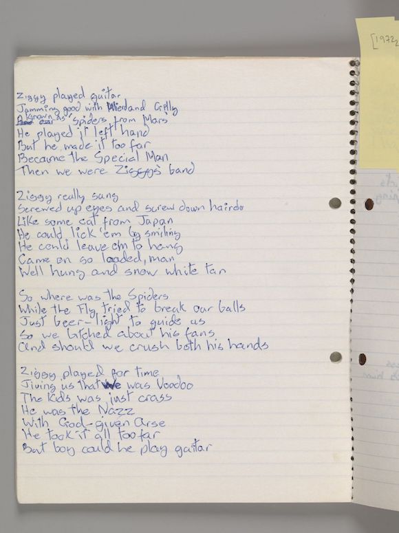 Original lyrics for 'Ziggy Stardust,' by David Bowie, 1972